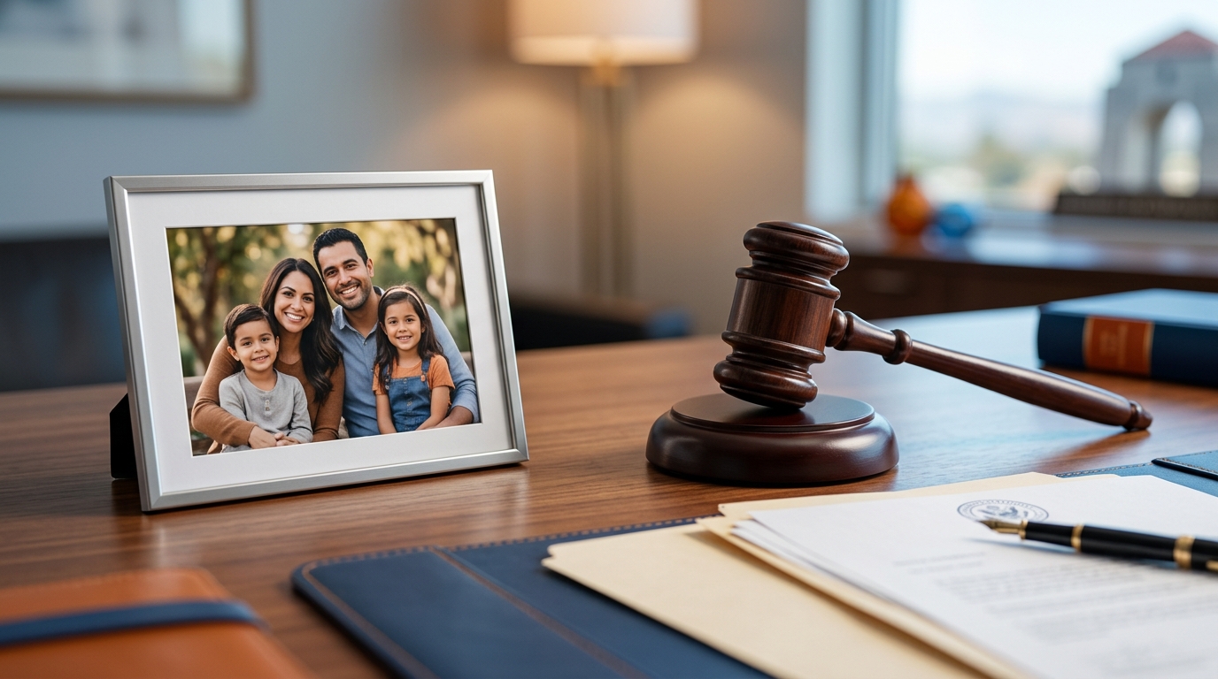 A judge's gavel resting next to a family photograph and legal documents on a wooden desk.