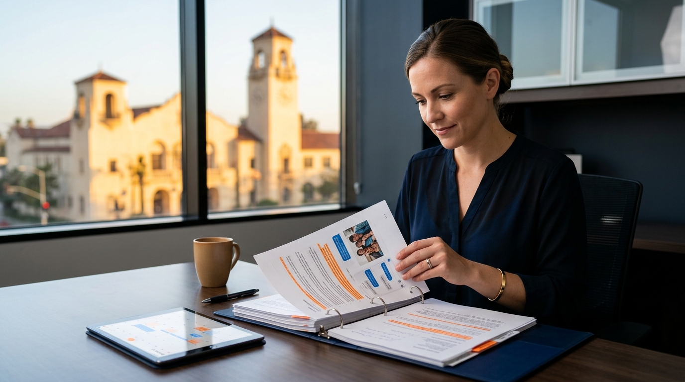A parent carefully organizing printed emails, text message screenshots, and a digital calendar into a legal binder.
