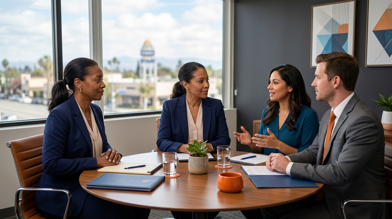 A calm, professional mediator sitting at a round table with two parents in a bright, modern Downey office setting.