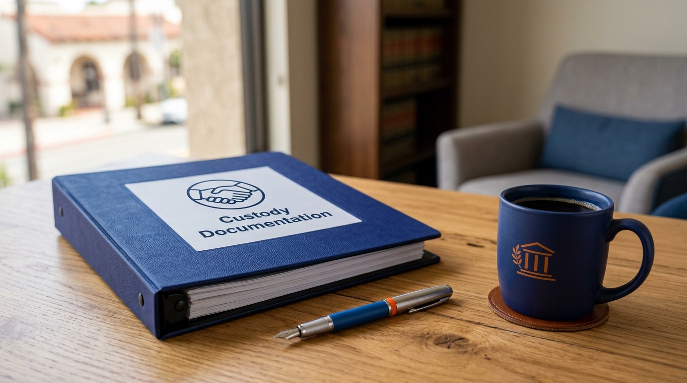 A neatly organized binder labeled 'Custody Documentation' sitting next to a pen and a cup of coffee on a wooden desk.