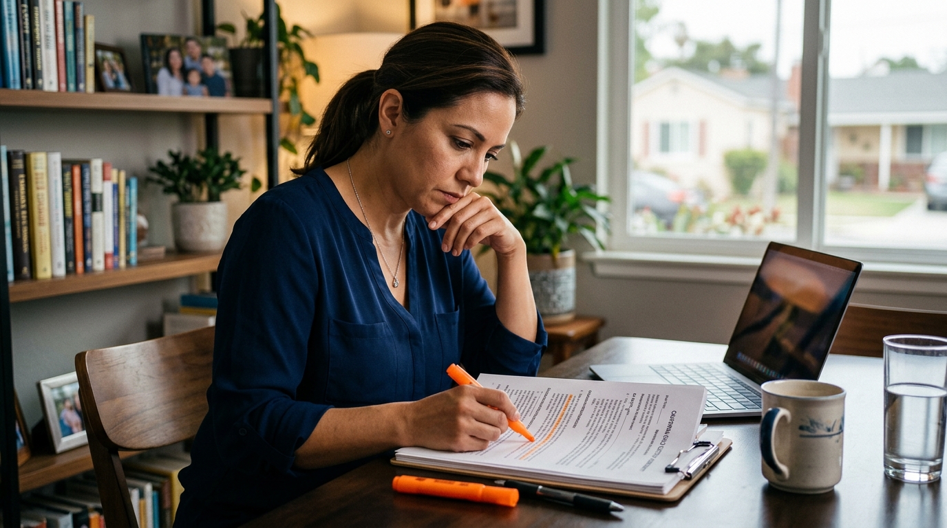 A concerned parent sitting at a desk in a Downey home, reviewing legal child custody documents with a highlighter.