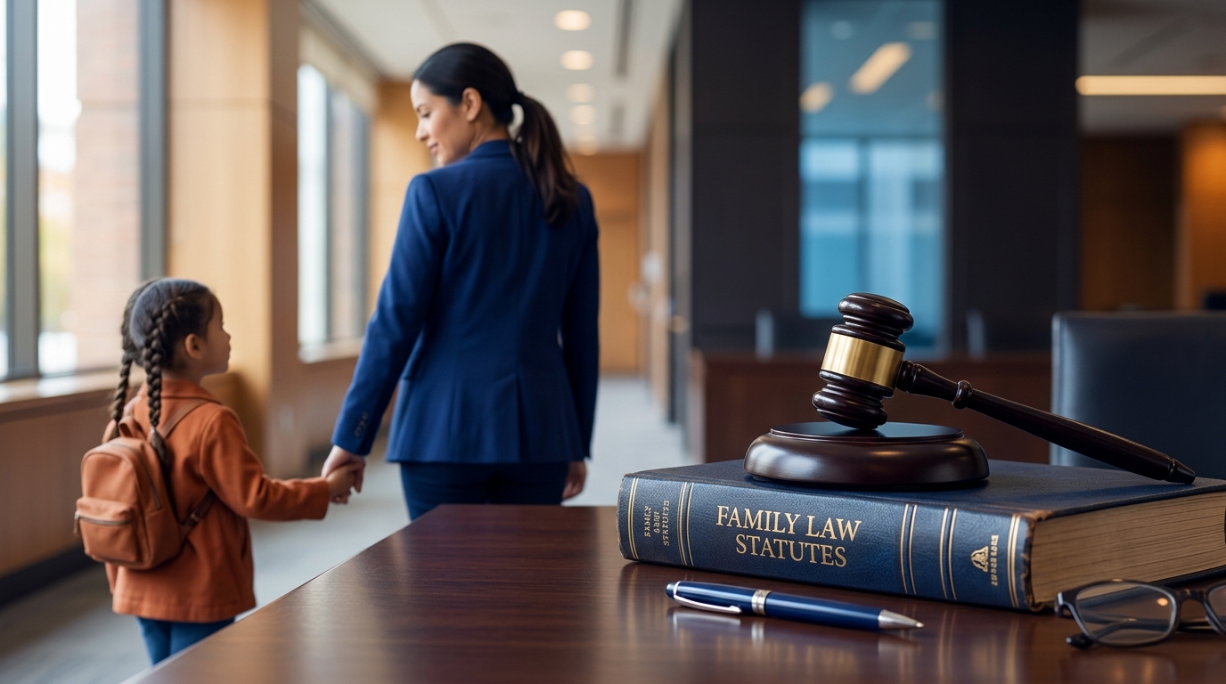 A gavel resting on top of family law statutes, next to a blurred photo of a parent and child holding hands.