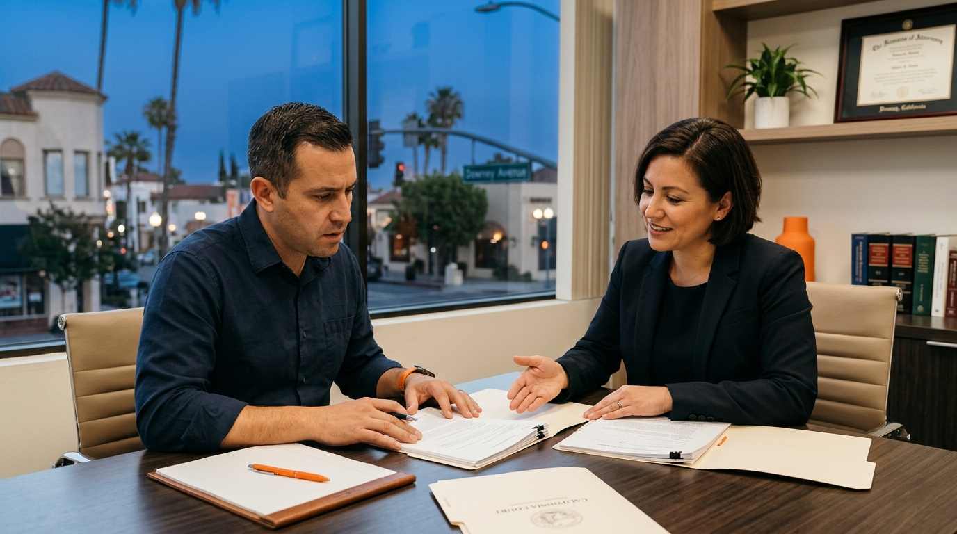 A worried father sitting in a Downey, California family law attorney's office, looking at legal documents while the lawyer explains custody terms.