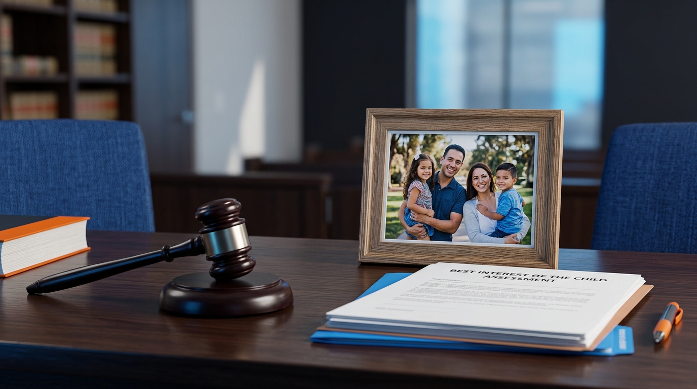 A close-up of a judge's gavel resting next to a family photograph and a document titled "Best Interest of the Child Assessment".