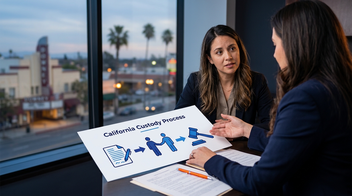A flowchart graphic illustrating the California child custody process, starting from filing a Request for Order, moving to mandatory mediation, and ending at a judge's final court hearing.