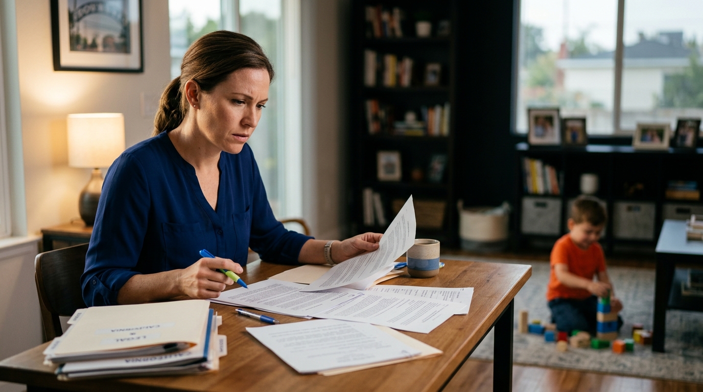 A stressed parent sitting at a kitchen table in Downey, reviewing legal documents while a child plays in the background.