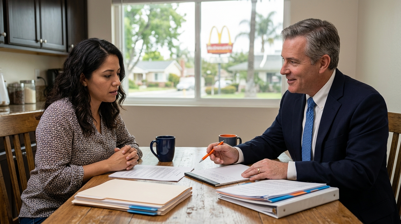 A worried parent reviewing california child custody documents with a supportive family lawyer in Downey.