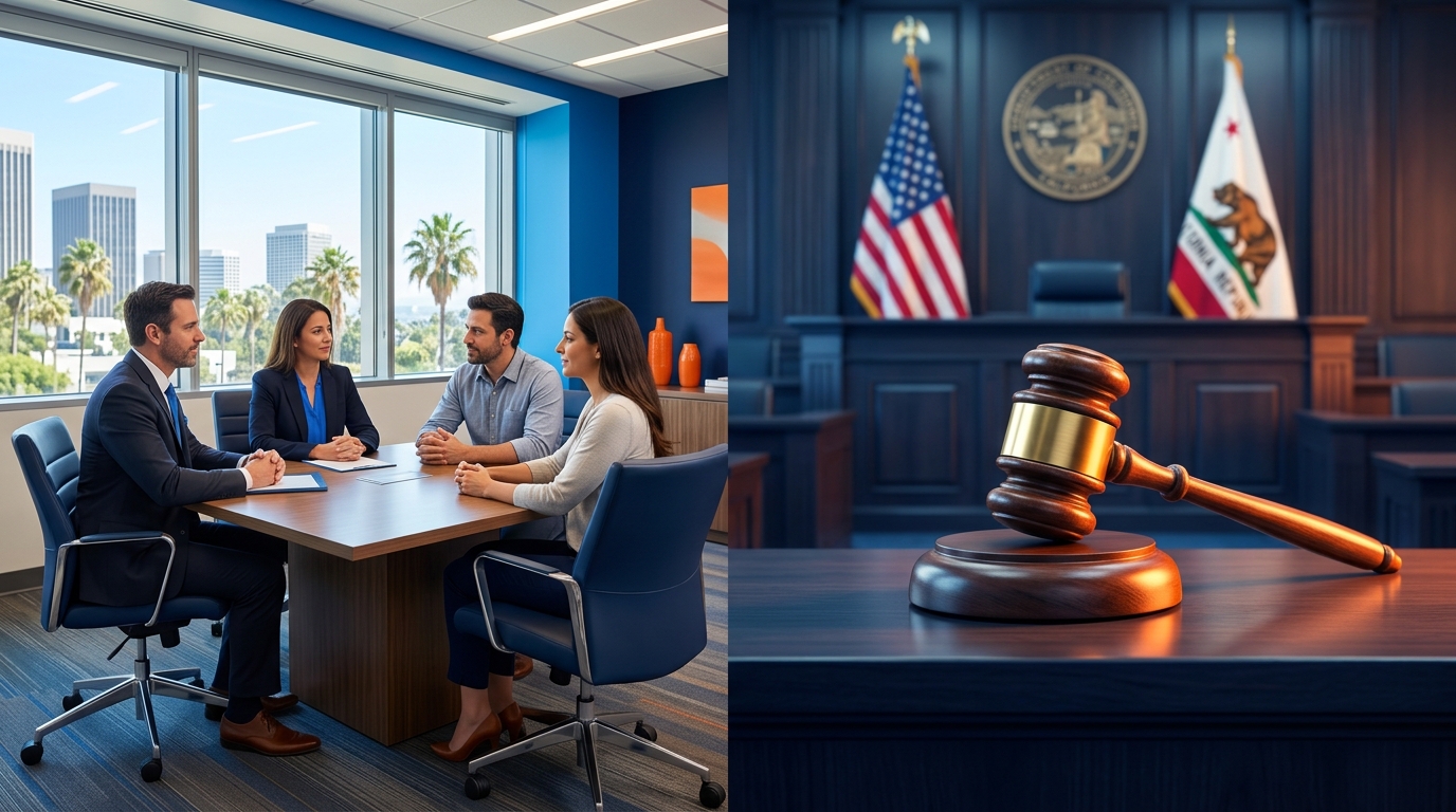 A split screen showing a calm child custody mediation session on one side and a gavel in a California family court on the other.