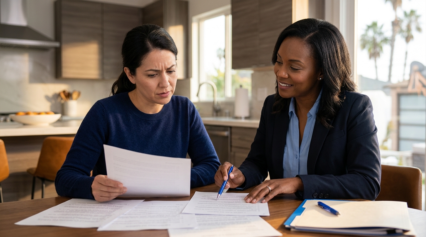 A worried parent preparing for a California child custody case with a supportive attorney.
