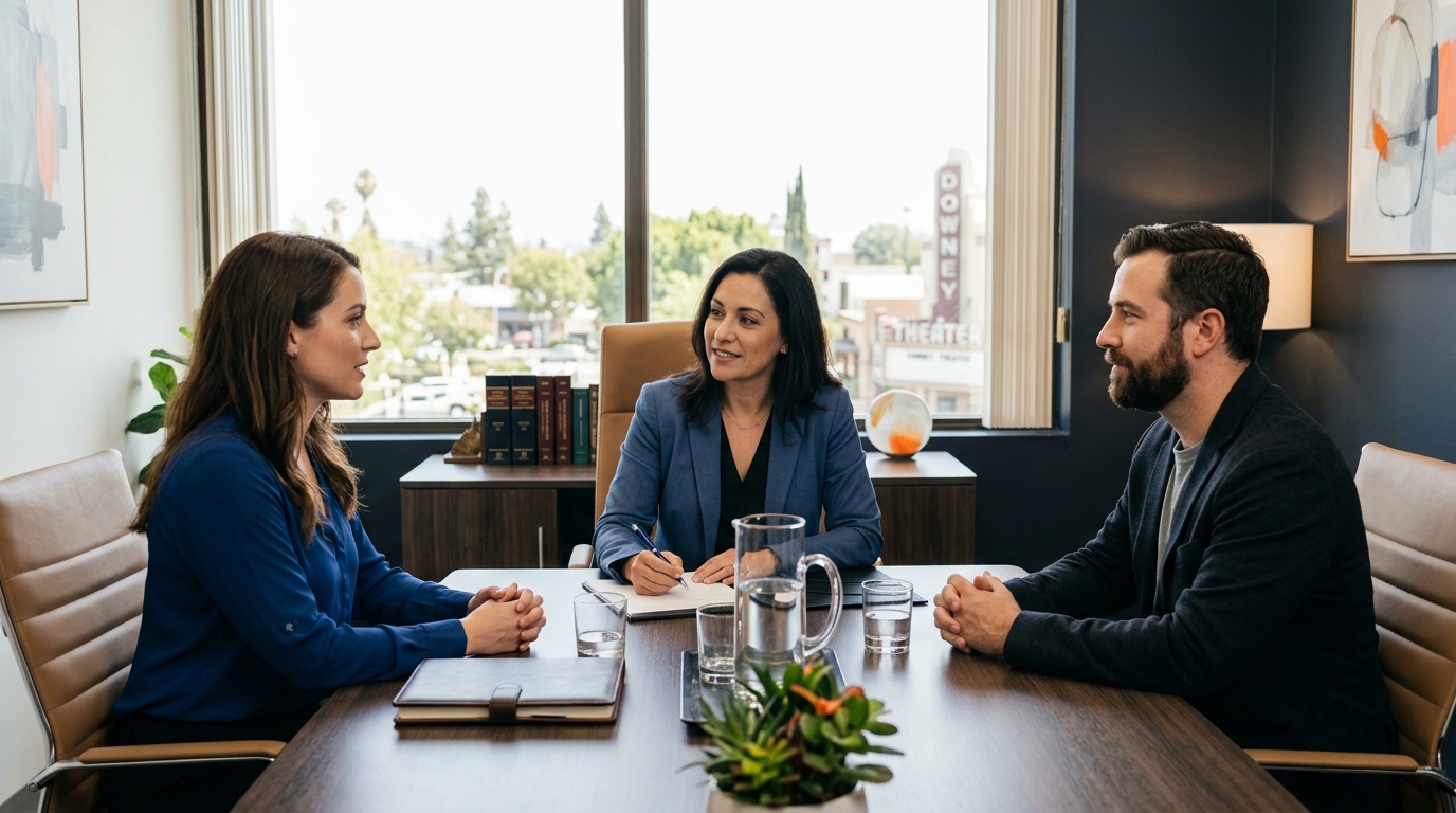 A professional mediator sitting across from two parents in a bright, neutral office setting, facilitating a calm discussion.
