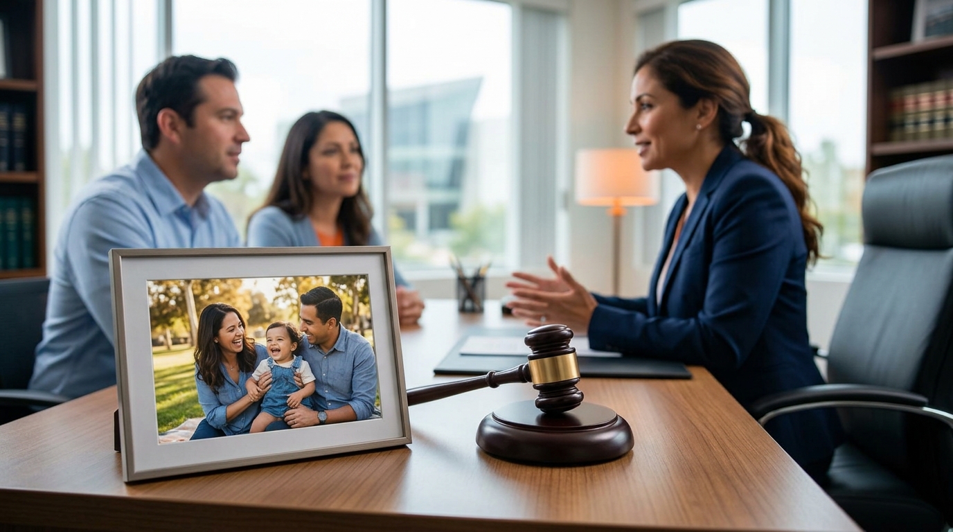 A close-up of a judge's gavel resting next to a family photograph, symbolizing legal decisions in a California child custody case.