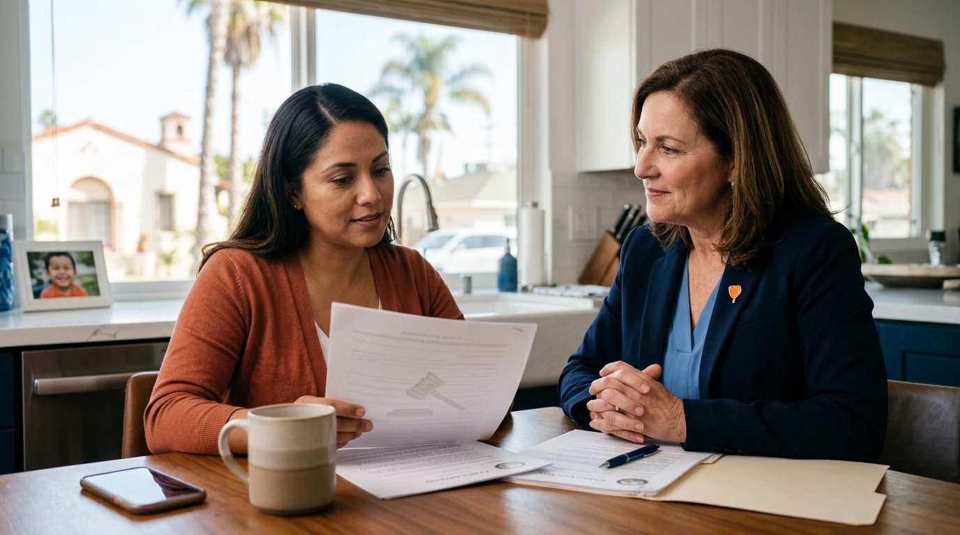 A concerned parent sitting at a kitchen table in Downey, reviewing california child custody documents with a comforting family attorney.