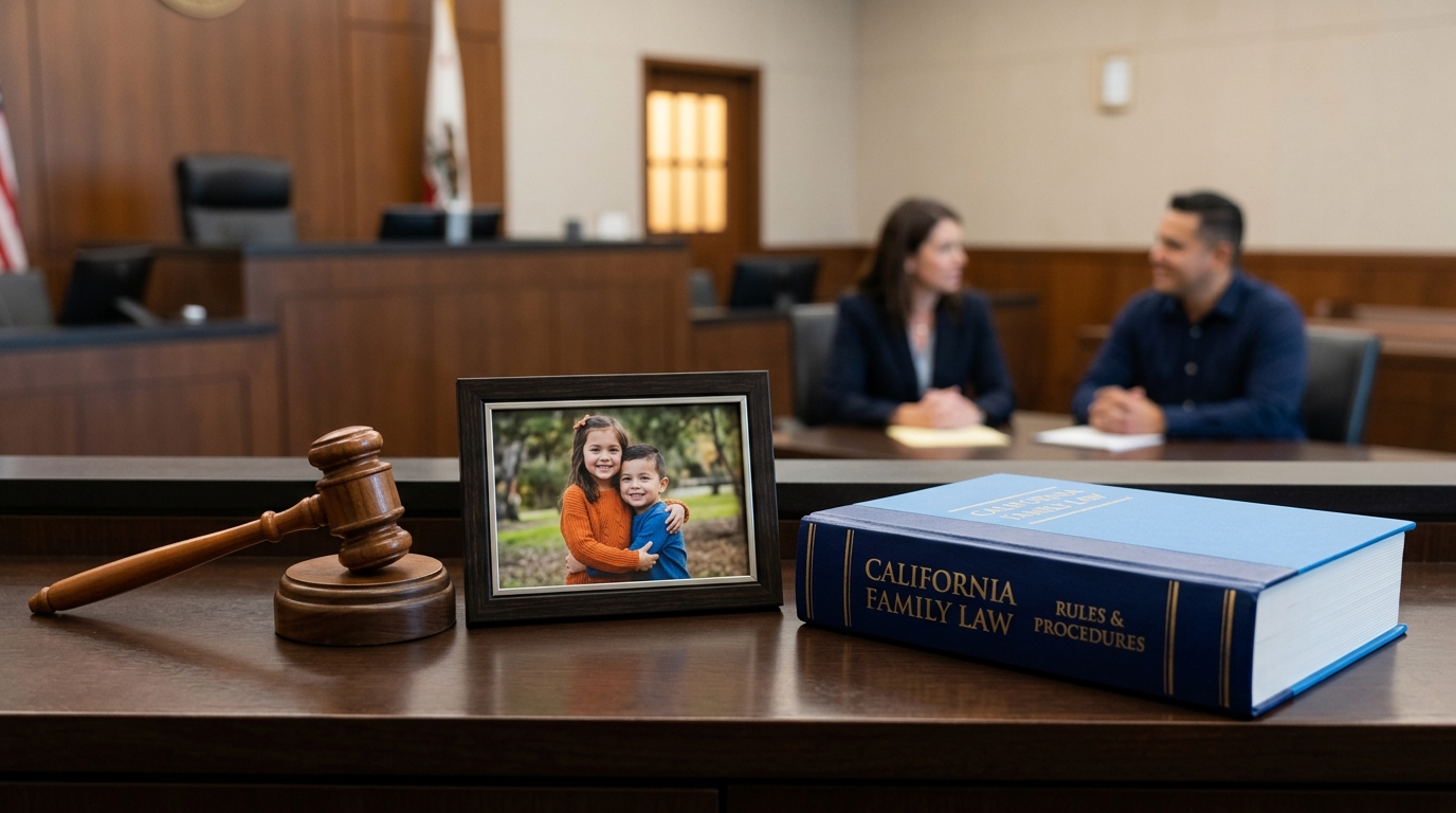 A judge's gavel resting next to a family photo and a California family law rulebook in a Downey courtroom.