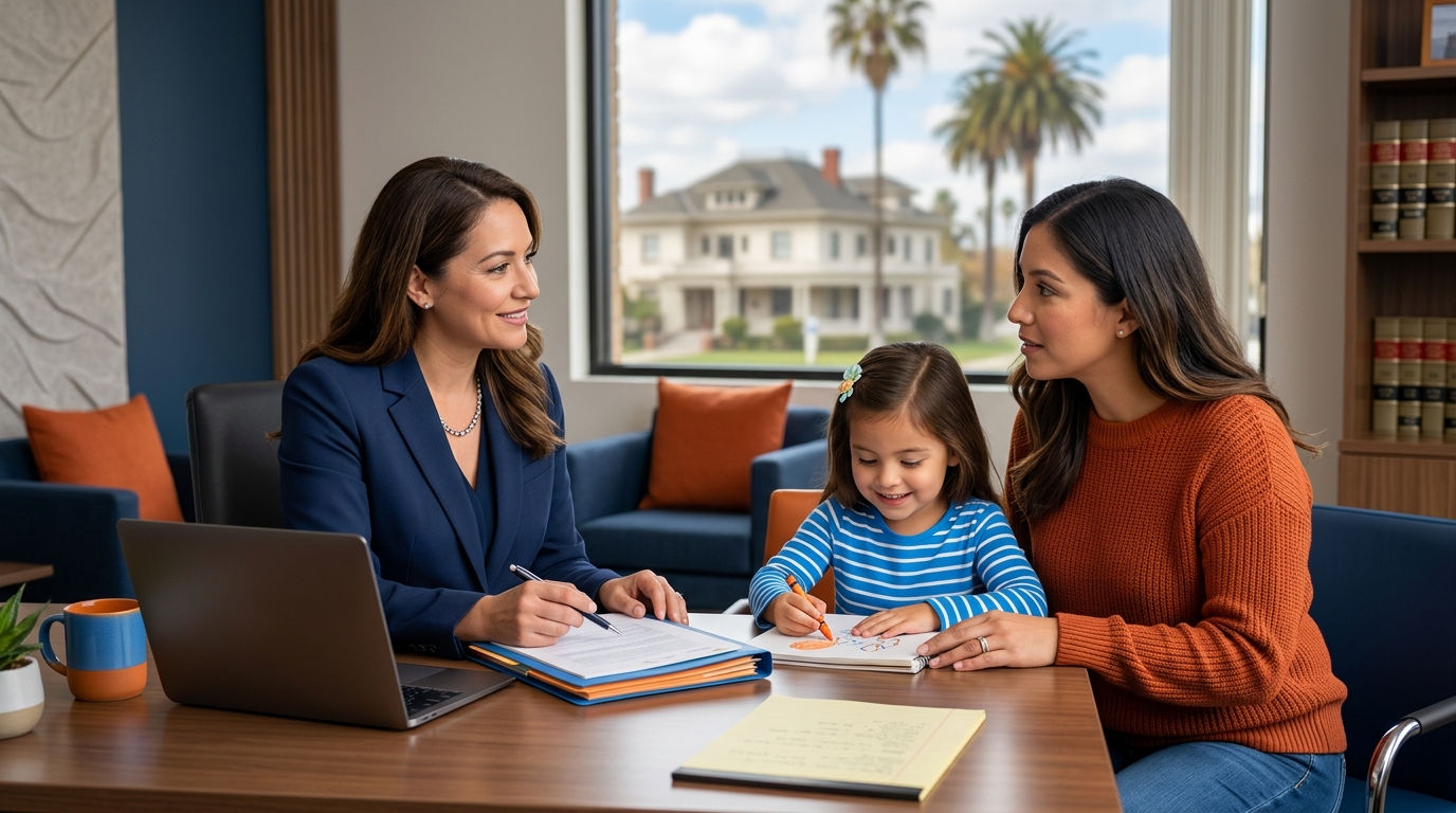 A colorful infographic showing the step-by-step child custody process in California, from filing to final court order.