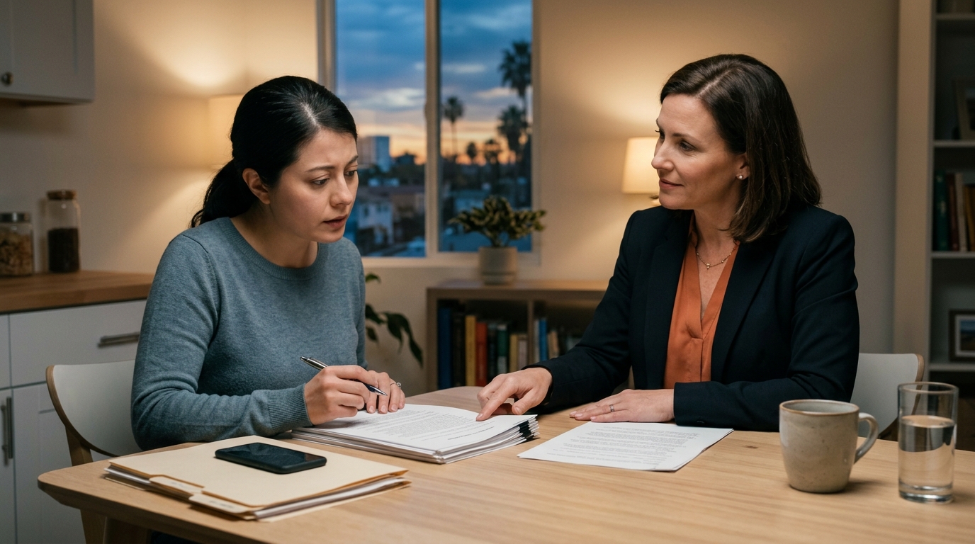 A worried parent discussing california child custody options with a family attorney.