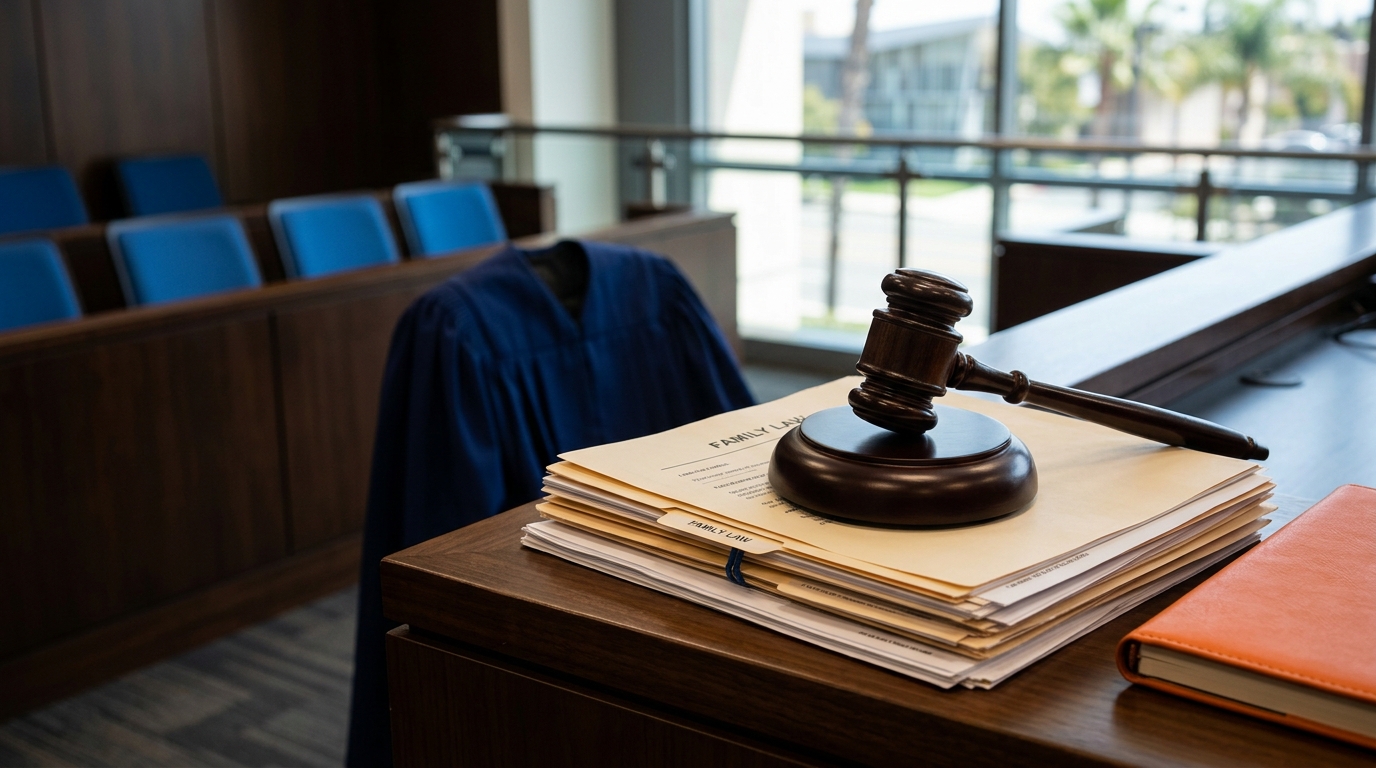 A judge's gavel resting on top of family law documents in a California courtroom.