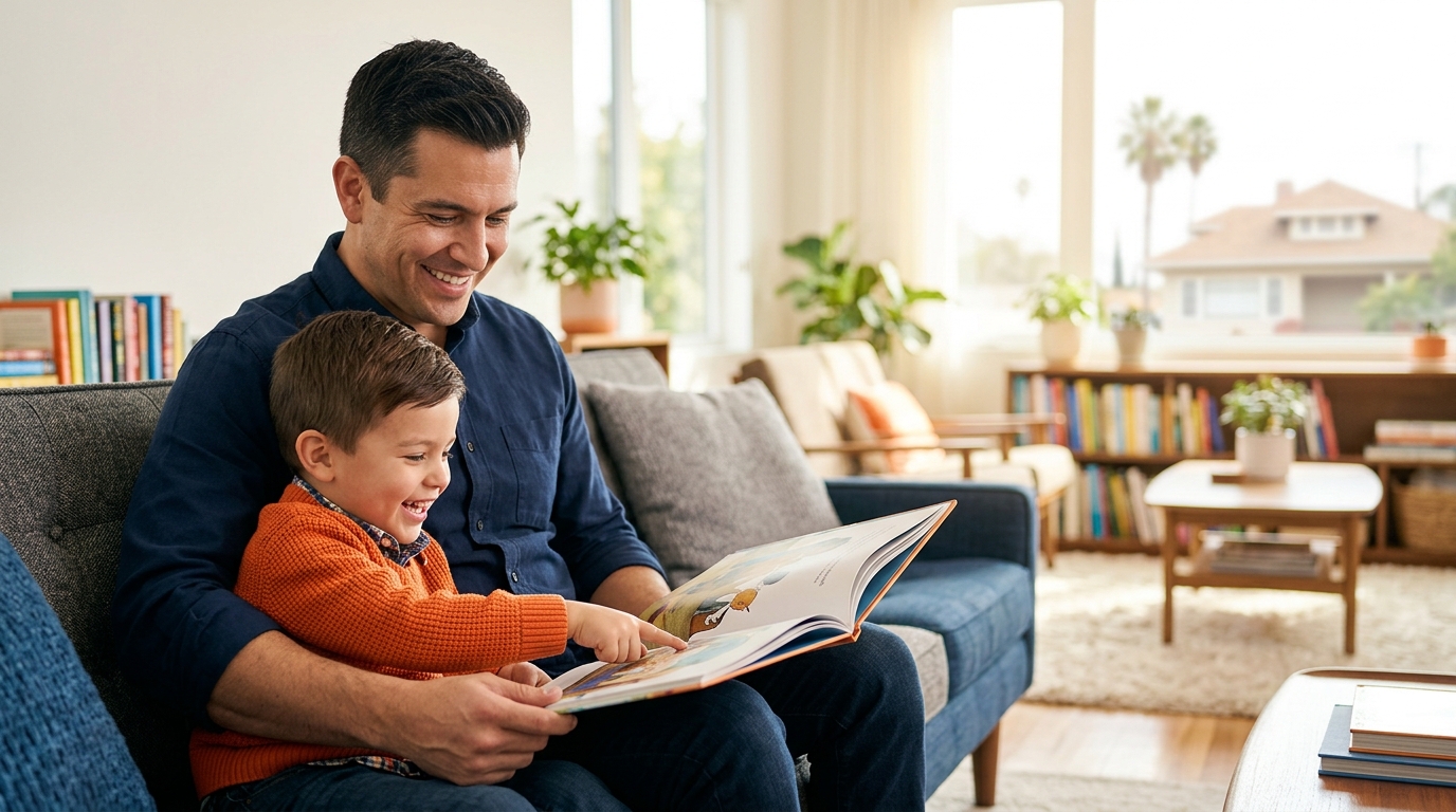 A father and a young child smiling together, representing father's rights in california.