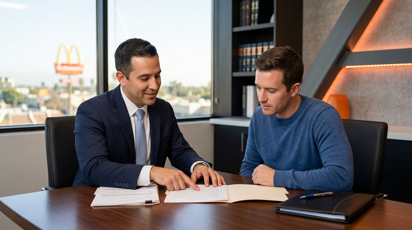 A professional attorney explaining legal documents to a male client about father's rights in california.