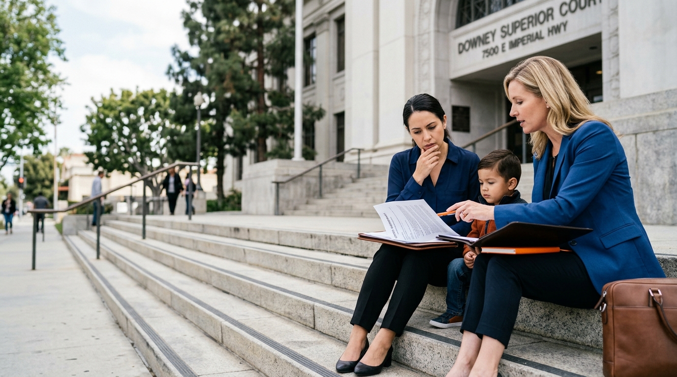 A worried parent sitting on the steps of the Downey courthouse, looking over legal documents with a family lawyer.