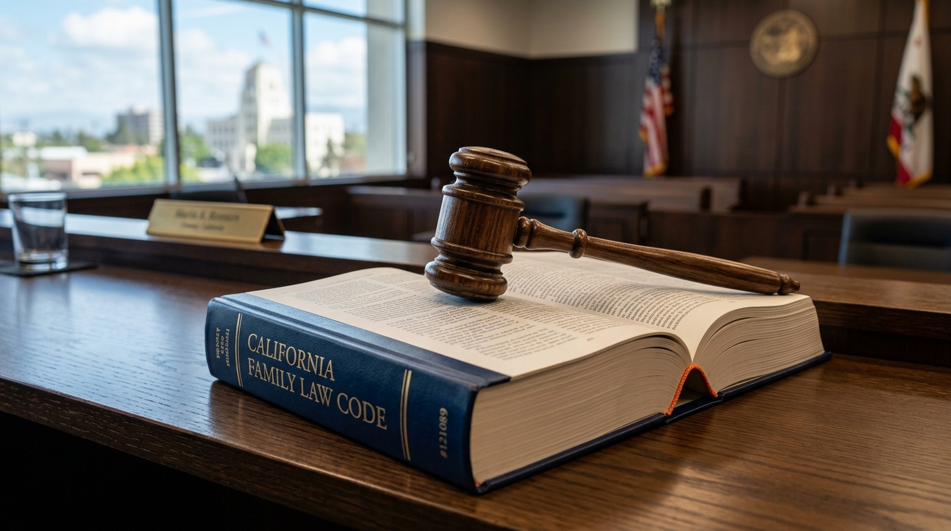 A judge's gavel resting on top of a California family law code book, symbolizing legal authority in custody cases.