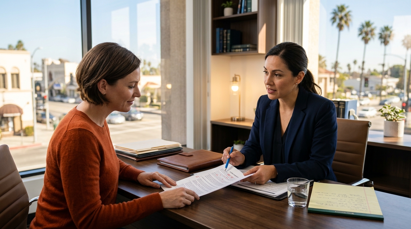 A concerned parent consulting with an authoritative family lawyer in a modern Downey office setting, reviewing custody documents.