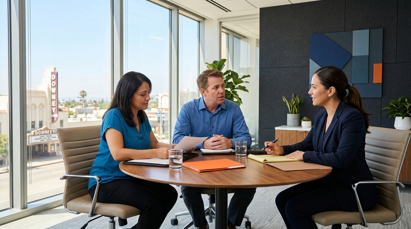 Two parents and a professional mediator sitting around a circular table in a bright, modern Downey office, discussing a parenting plan.