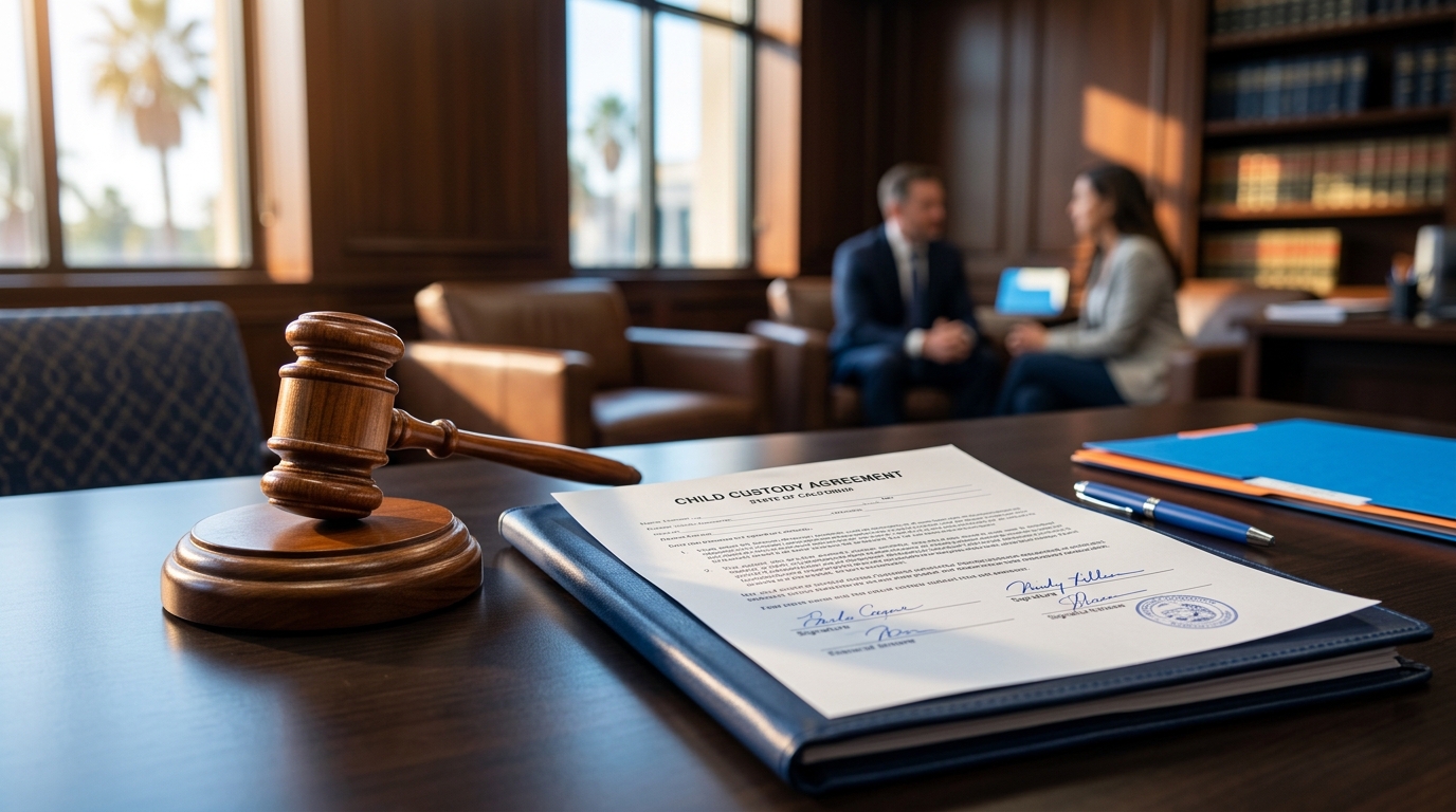 A close-up of a judge's gavel resting next to a signed California child custody agreement document.