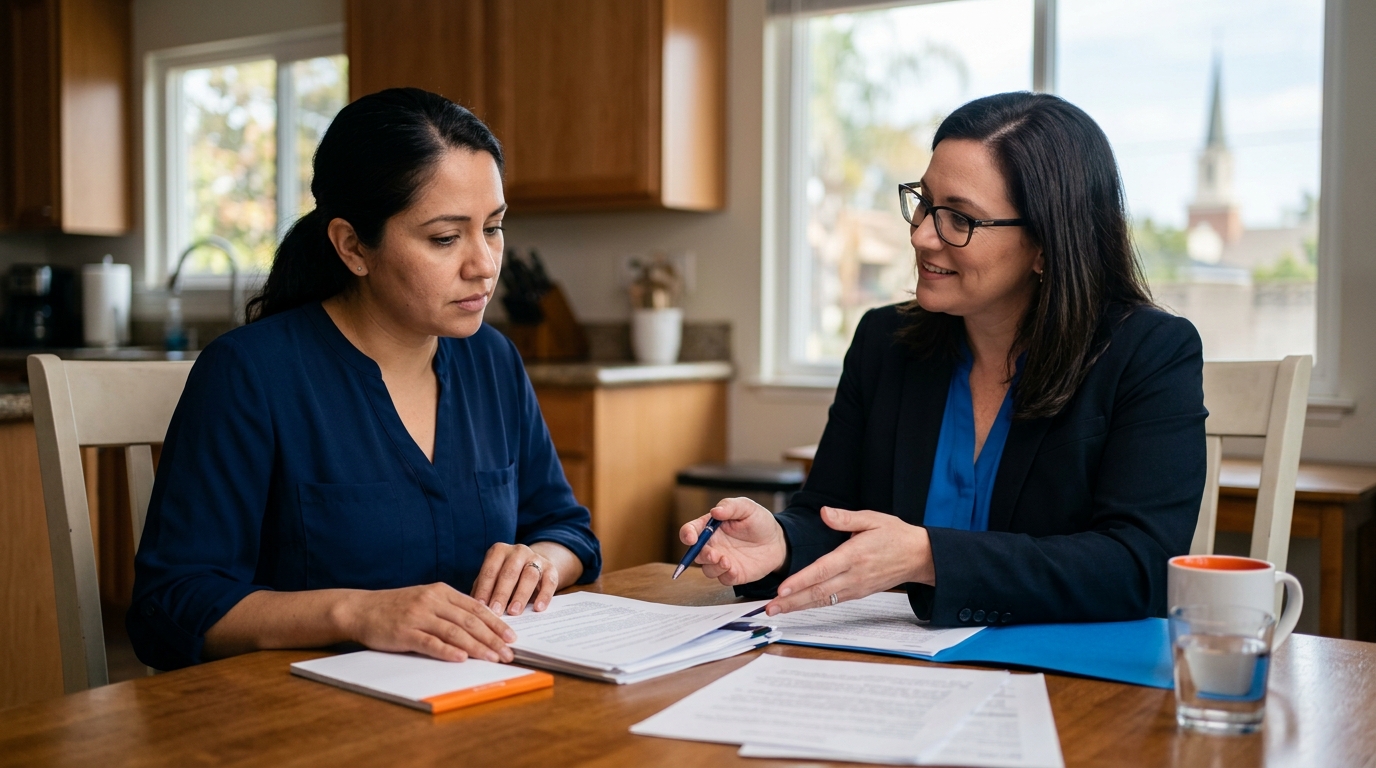 A worried parent sitting at a kitchen table in Downey, California, reviewing legal documents with a supportive California family law attorney.