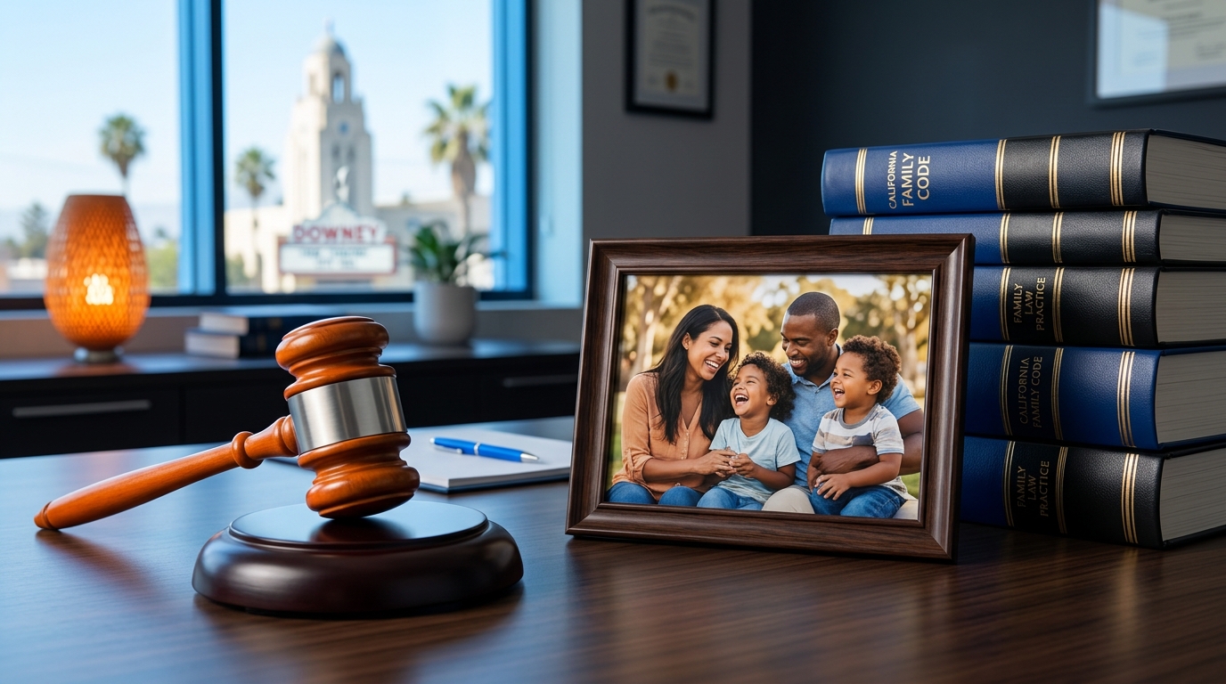 A judge's gavel resting next to a family photograph and a stack of California Family Code legal books.