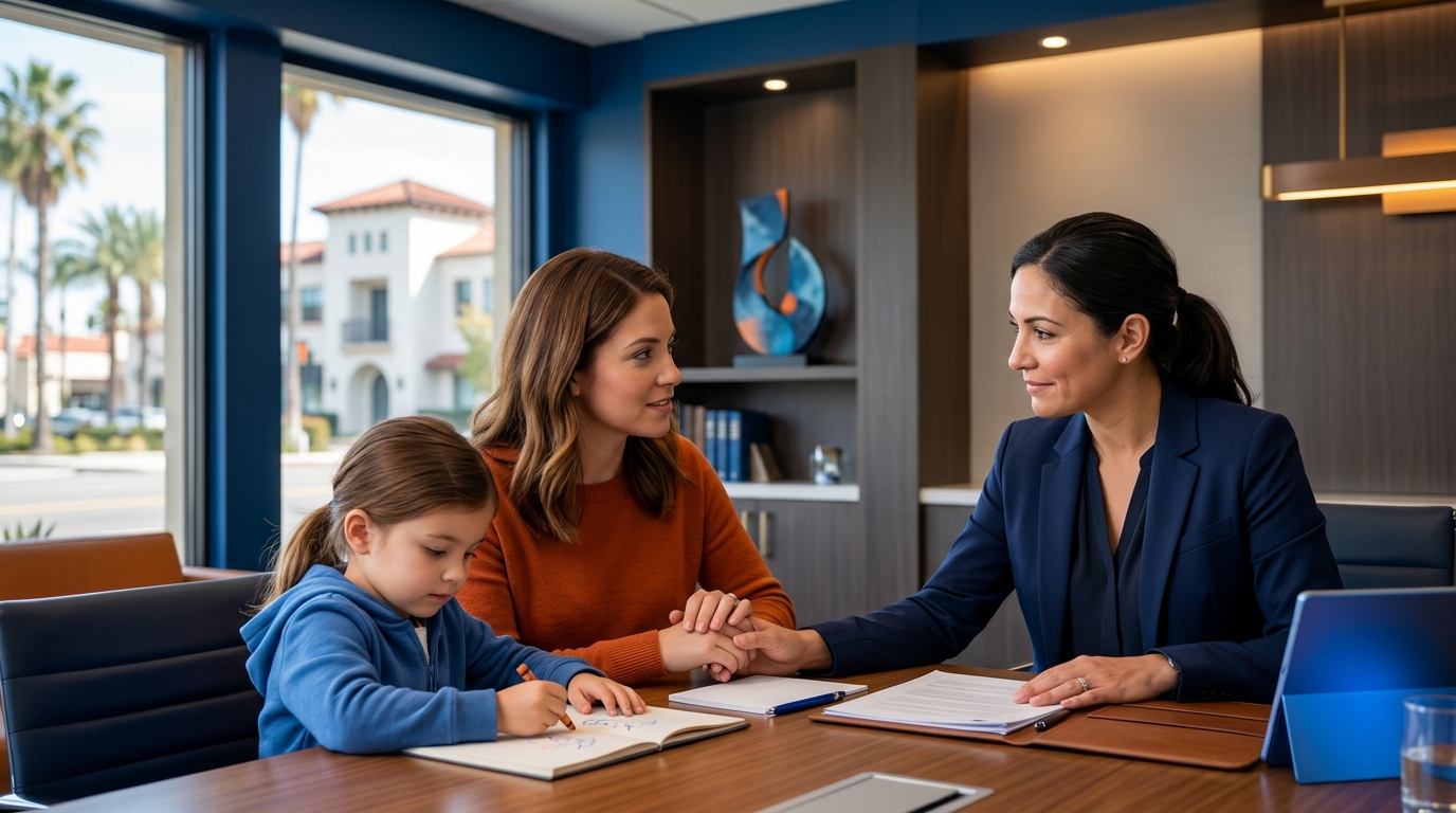 A brightly colored infographic titled "5 Ways to Protect Your Kids" displaying icons for custody, rights, best interests, mediation, and child support.