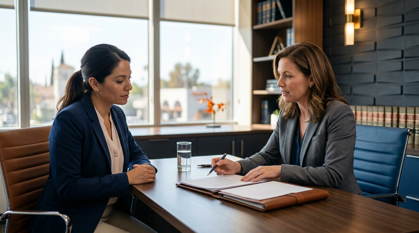 A concerned parent discussing California child custody options with a professional divorce attorney in a modern Downey law office.