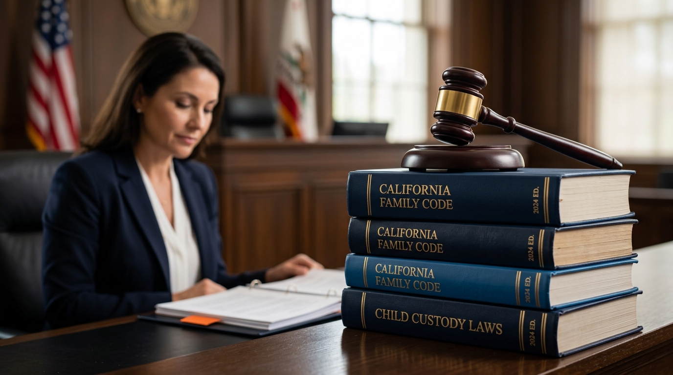 A judge's gavel resting on a stack of California Family Code books, symbolizing the heavy legal weight of custody decisions.