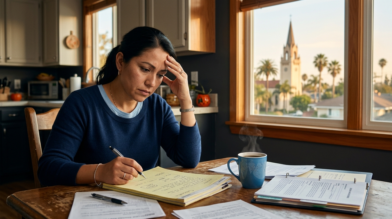 A stressed parent sitting at a kitchen table in Downey, California, reviewing legal documents regarding california child custody rights with a cup of coffee.