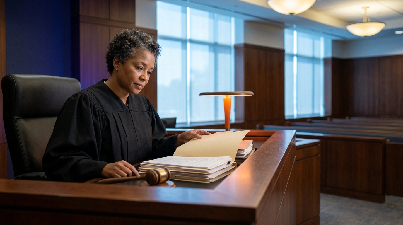 A compassionate judge in a California courtroom looking thoughtfully at legal files during a family law hearing.