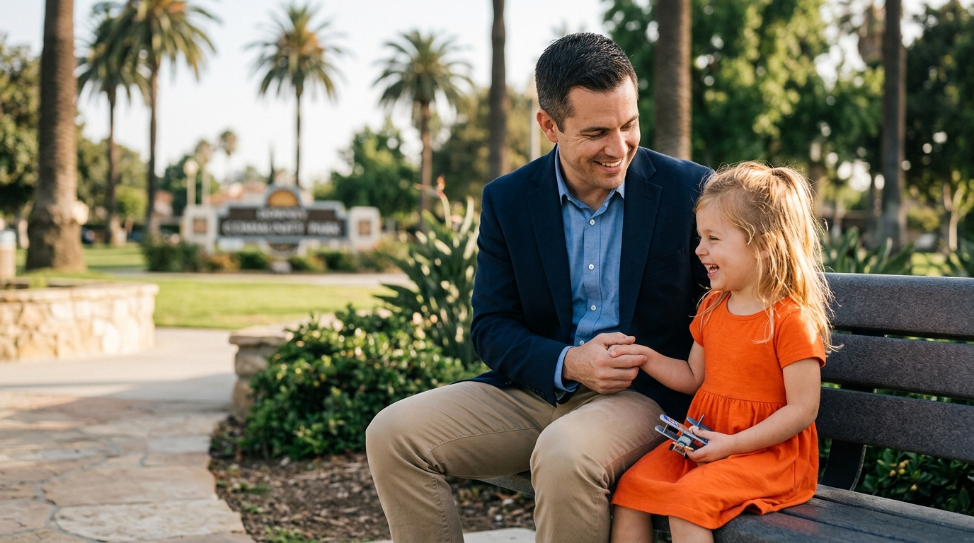 A happy dad exercising his california father's rights in a sunny park with his daughter.