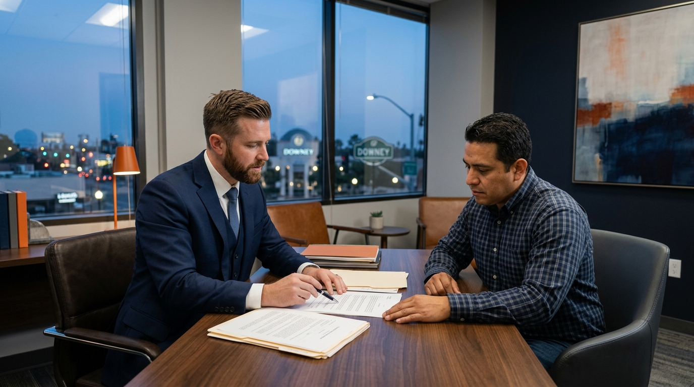 A professional family law attorney in a Downey office reviewing custody documents with a concerned father.
