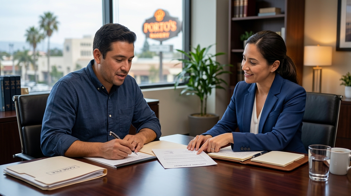 A father and his lawyer reviewing child custody documents to protect father's rights in california.