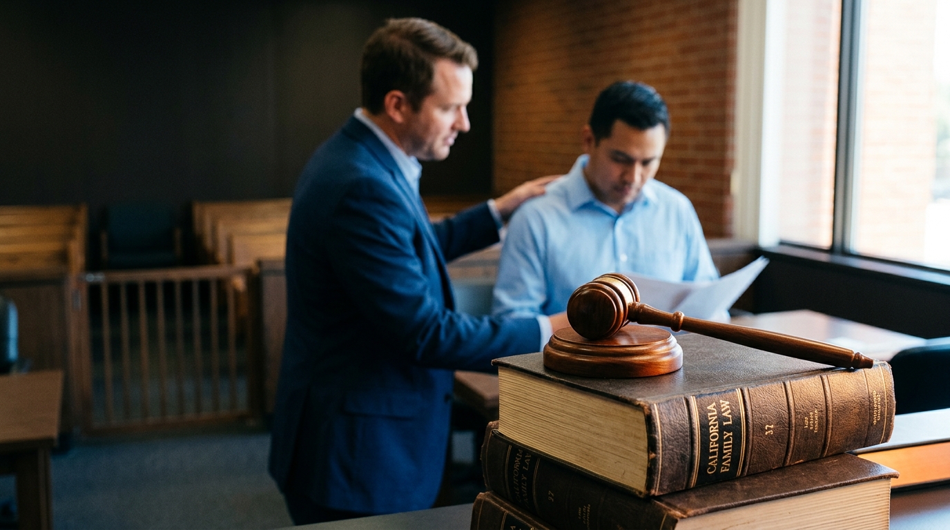 A judge's gavel resting on California family law books detailing father's rights in california.