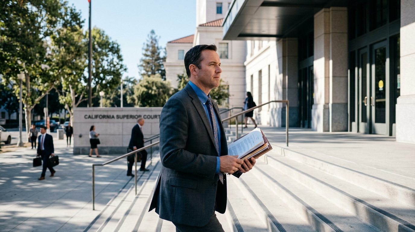 A determined father walking up the steps of a California courthouse holding legal documents.
