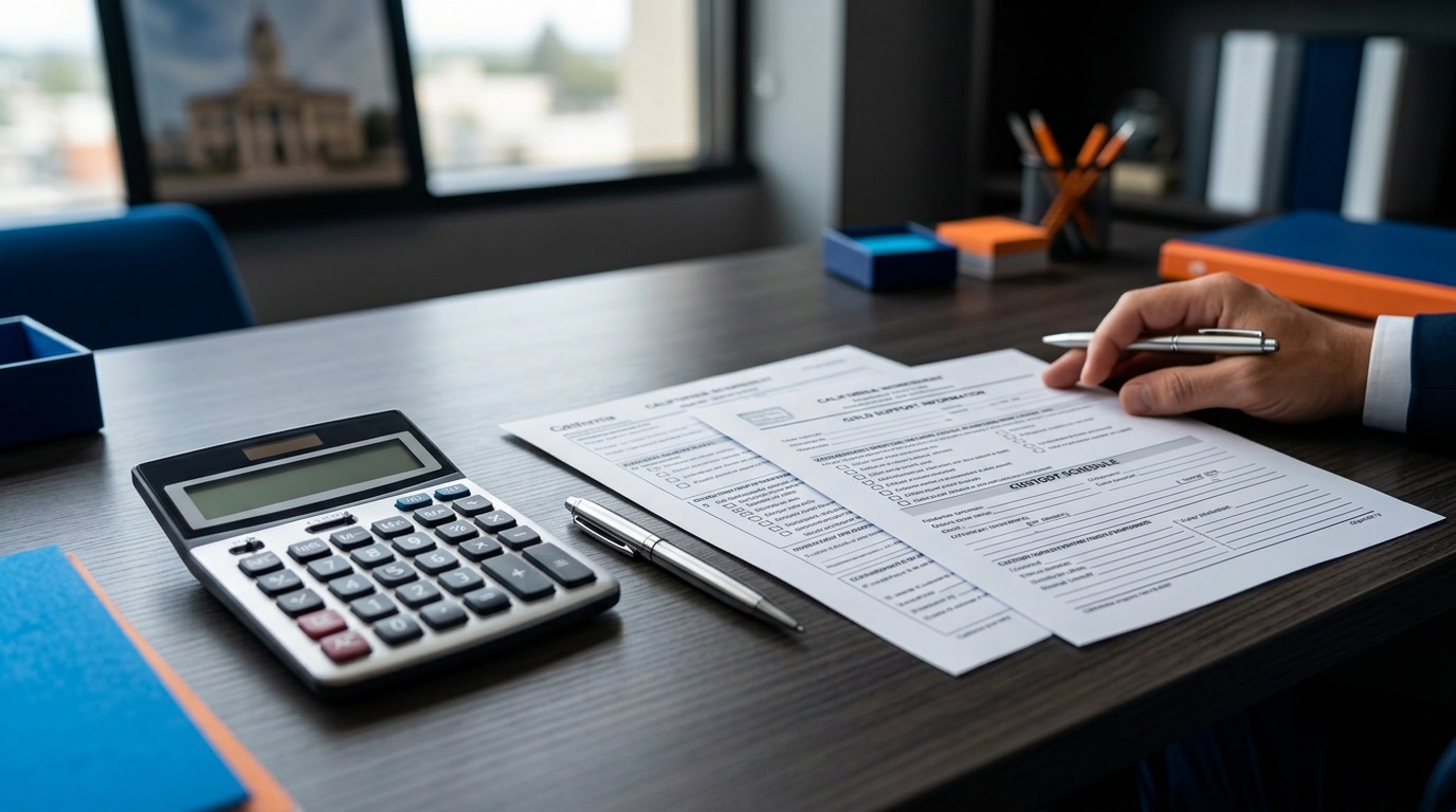 A close-up of a calculator, a pen, and official California family law child support worksheets on a wooden desk.