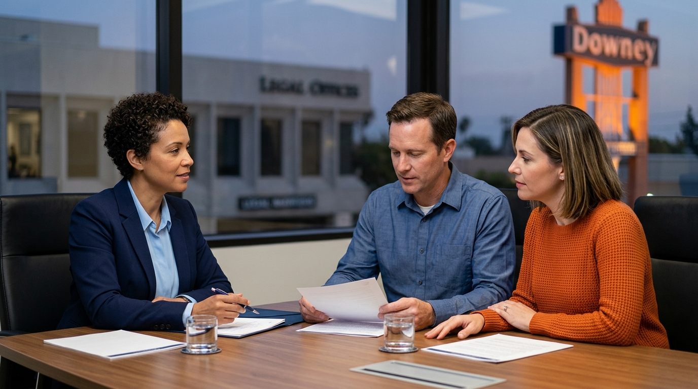 Two parents and a professional mediator sitting around a conference table discussing a custody agreement calmly.