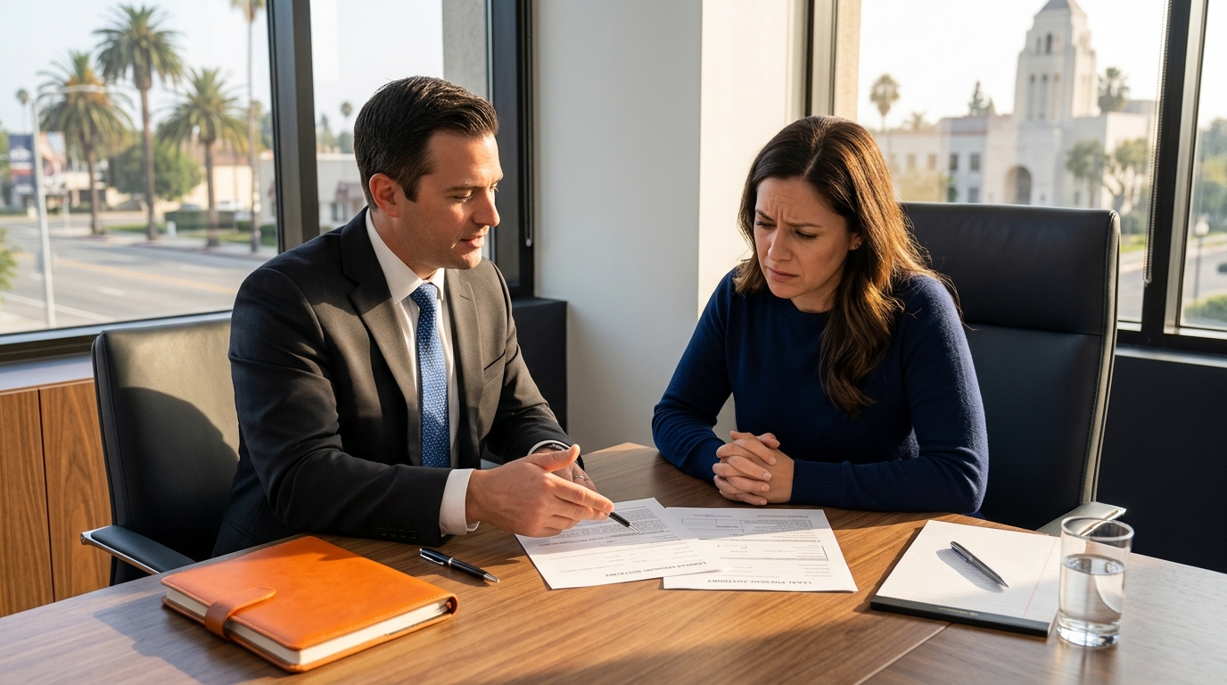 A worried parent sitting at a desk with a California family law attorney, looking at child custody paperwork.