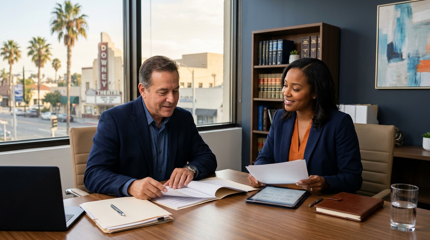 A father and a legal professional reviewing documents together to protect fathers rights in california.