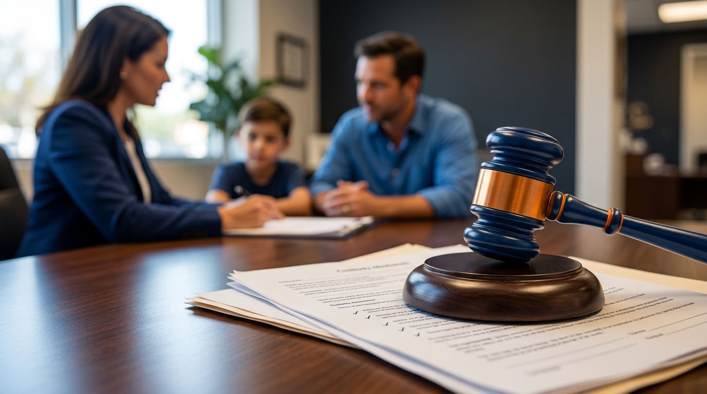 A close-up of a California family court gavel resting on custody mediation paperwork.