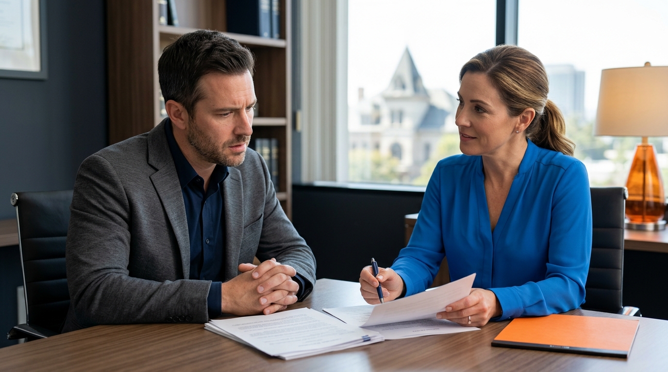 A father reviewing California custody agreements with his family lawyer in Downey.