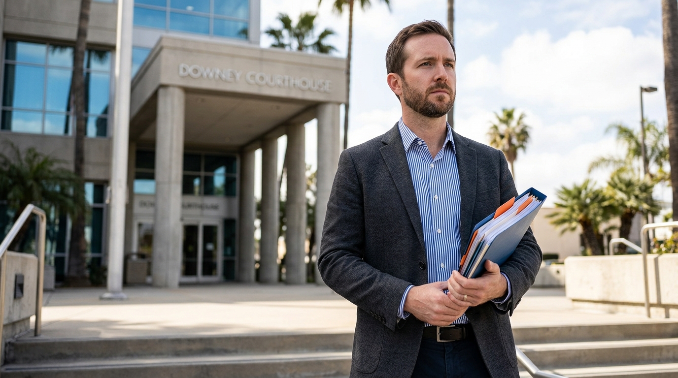 A father preparing for a california child custody case outside the Downey courthouse, holding a folder of legal documents.
