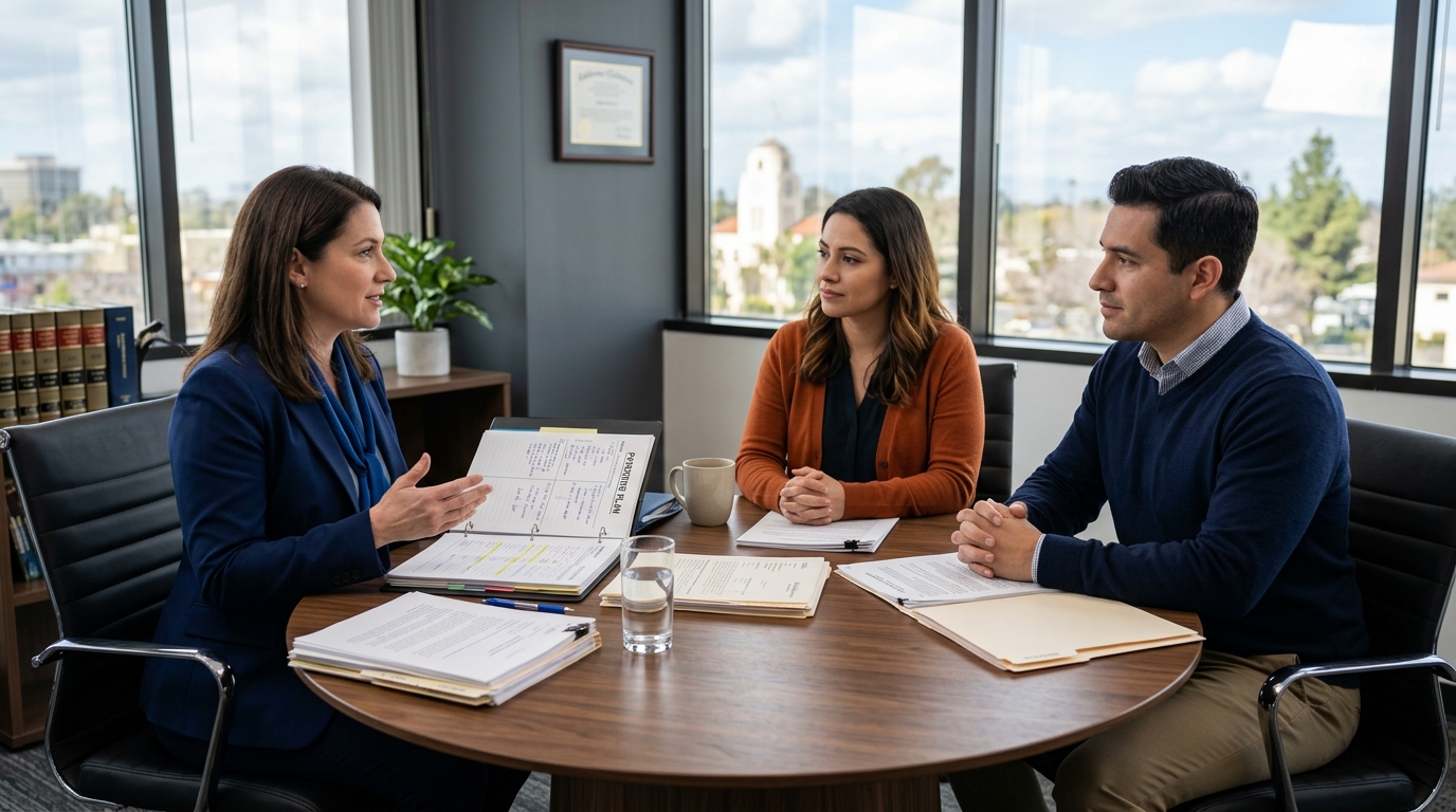 Two parents and a mediator sitting at a round conference table, calmly discussing a parenting plan with paperwork spread out.