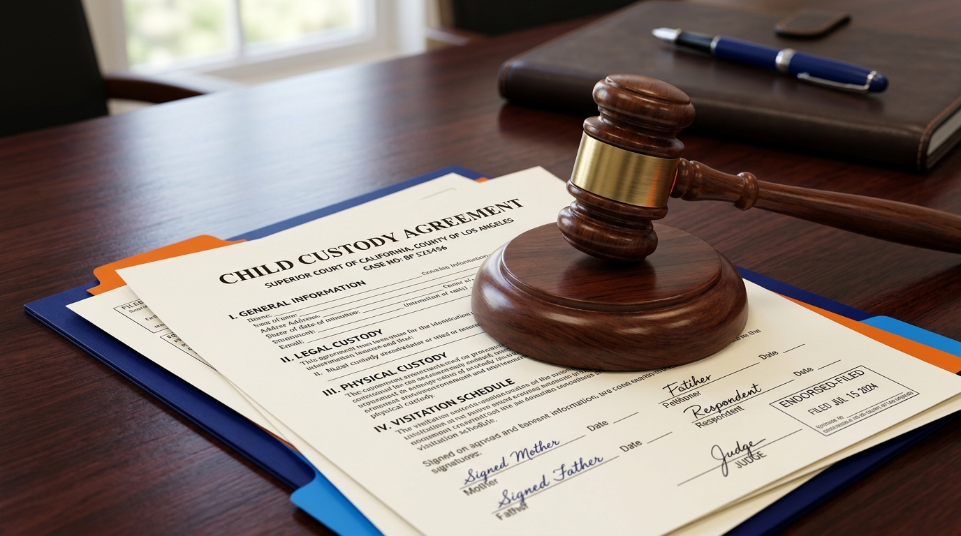 A close-up of a judge's gavel resting on top of a finalized california child custody agreement document.