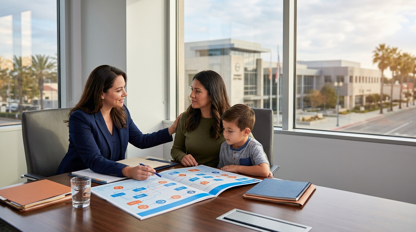 An infographic flowchart showing the timeline of a California child custody case including California custody mediation.