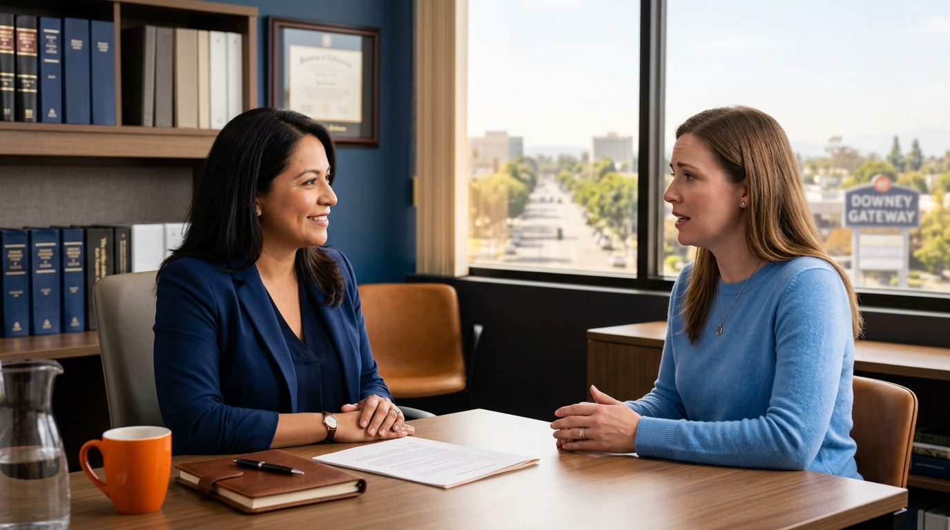 A compassionate family law attorney discussing california child custody options with a concerned parent in Downey.
